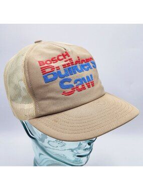 Vintage Bosch Builders Saw Mesh Trucker Hat Adjustable Snapback Beige with Red &